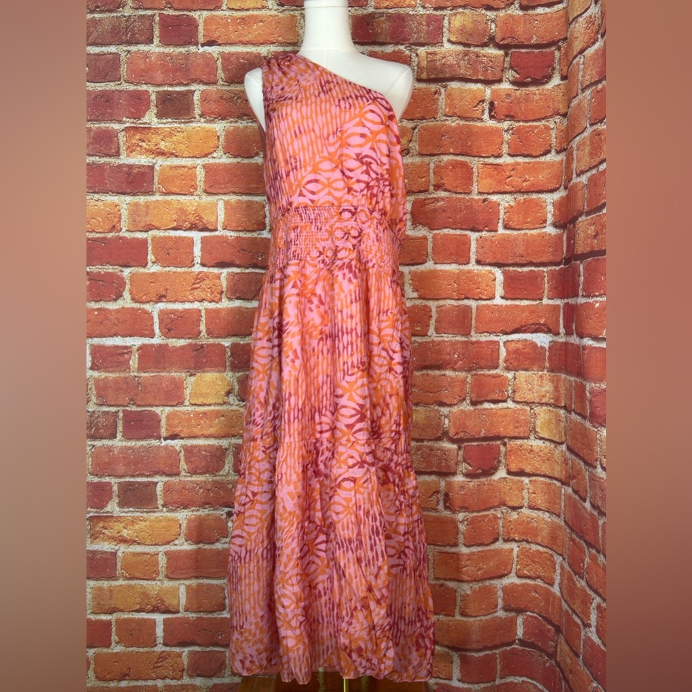 Lucy Paris One-Shoulder Floral Maxi Dress in Pink and Orange